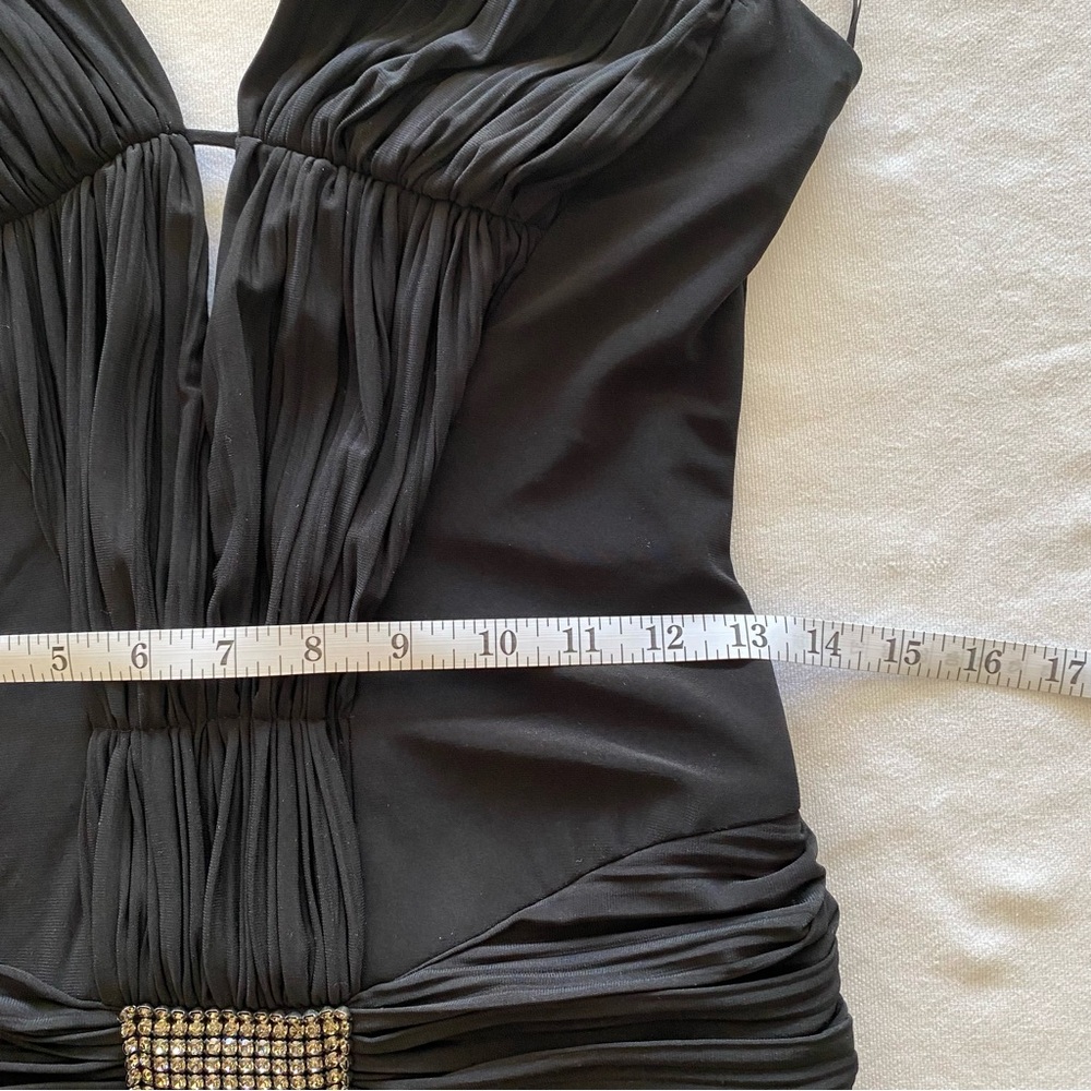 ABS By Allen Swartz Y2K Elegant Black Dress Size S Buckle Rhinestones Draped - Picture 12 of 12